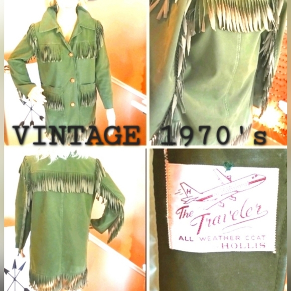 70's FRINGE Travelers OLIVE Green Water VEGAN ALL WEATHER Jacket - Picture 2 of 16